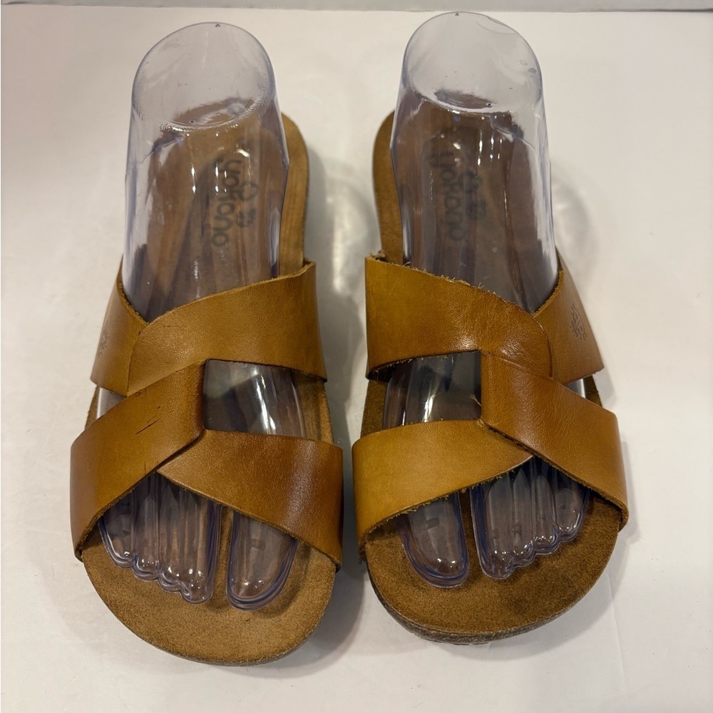 Yokono tan leather & cork slide-on flip flops sandals size 9